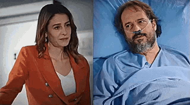a woman is standing next to a man in a hospital bed with an oxygen mask on his face .