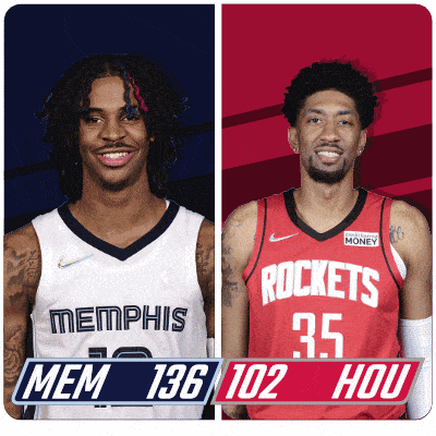 two basketball players from memphis and rockets are standing next to each other