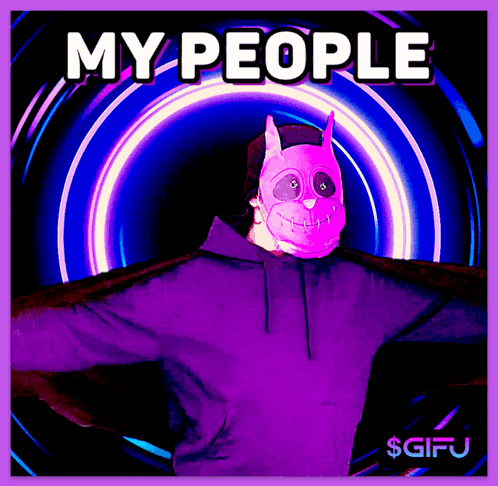 a person wearing a purple hoodie and a pink mask with the words my people on it