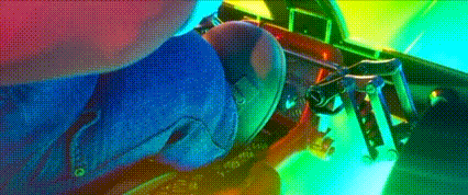 a close up of a person 's feet in a colorful room