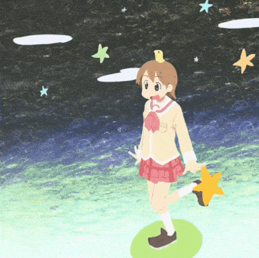 a girl with a bird on her head holding a star