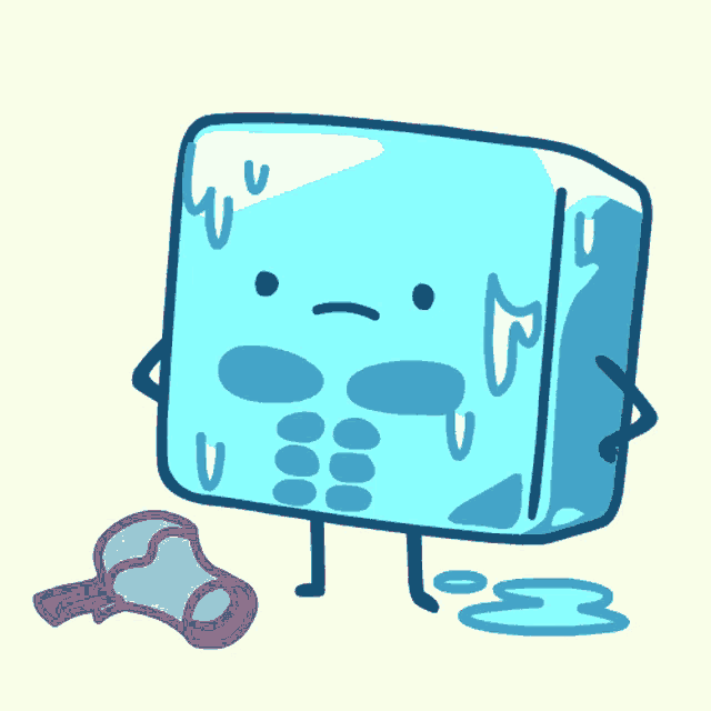 a cartoon drawing of an ice cube with a sad face and arms and legs