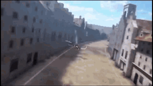 a person is flying over a city in a video game