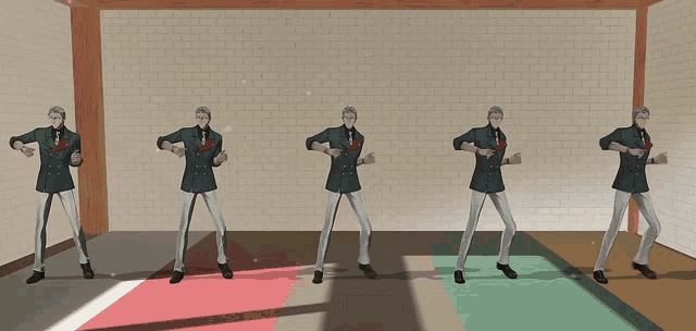 a group of men are dancing in a room with brick walls