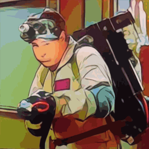 a cartoon drawing of a man wearing goggles and carrying a gun
