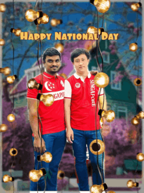 two men are posing for a picture with the words happy national day behind them