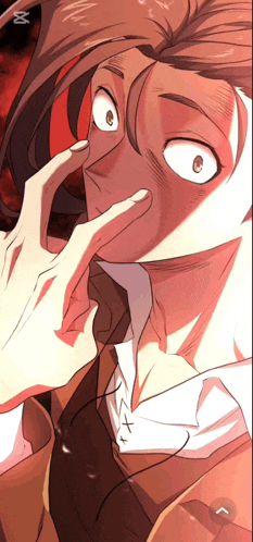 a close up of a person 's face with a red background