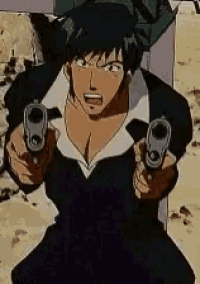 a man in a black suit is holding two guns in his hands .