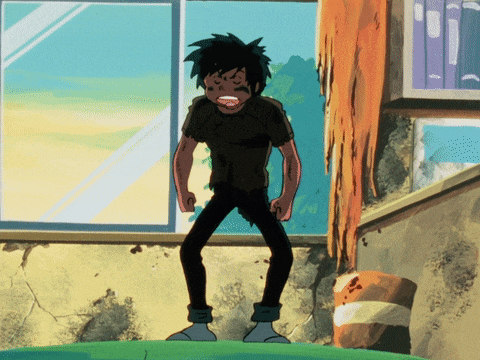a cartoon character standing in front of a window