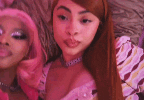 two young women with pink hair are posing for a picture together .