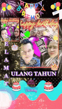 a birthday greeting card with balloons and a cake