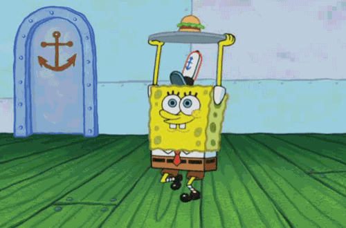 spongebob squarepants is holding a tray with a hamburger on it