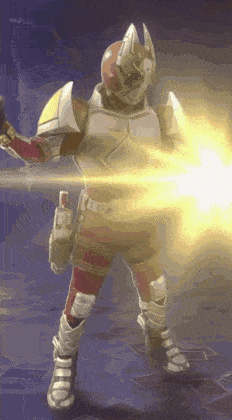a person in a knight 's armor is holding a sword and a gun .