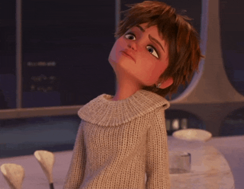 a cartoon girl with her eyes closed and a sweater on