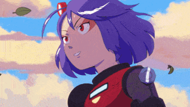 a girl with purple hair and red eyes is wearing a red jacket