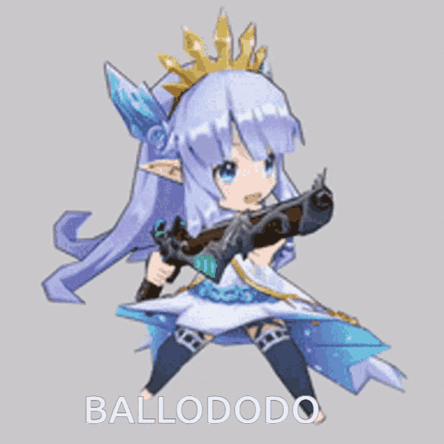 a girl with purple hair and a crown is holding a gun with the words ballododo below her