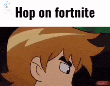 a cartoon character with the words hop on fortnite written on it .