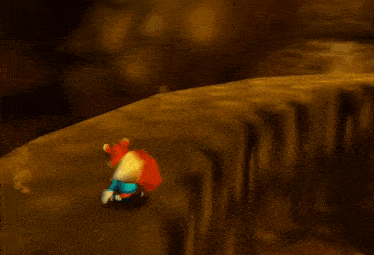a cartoon fox in a blue shirt is standing on a cliff