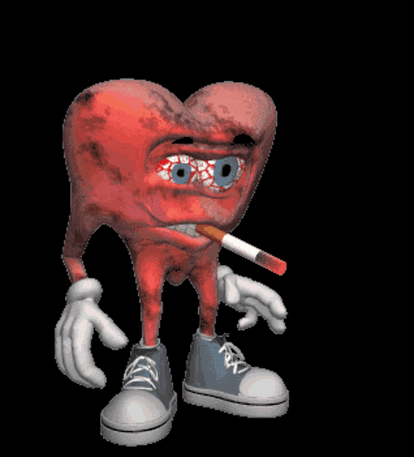 a cartoon heart with arms and legs is holding a cigarette in his hand