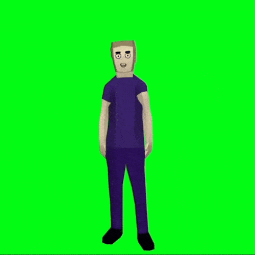 a man in a blue shirt and black pants is standing with his hands on his hips .