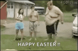 a group of people are standing in front of a car and a sign that says `` happy easter ! ''