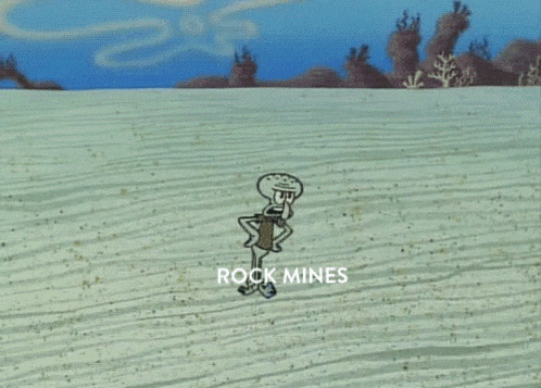 a cartoon drawing of a person walking down a road with the words rock mines below them