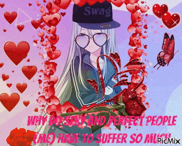 a girl wearing a swag hat is surrounded by red hearts