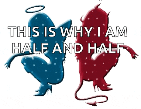 a blue angel and a red devil with the words this is why i am half and half below them