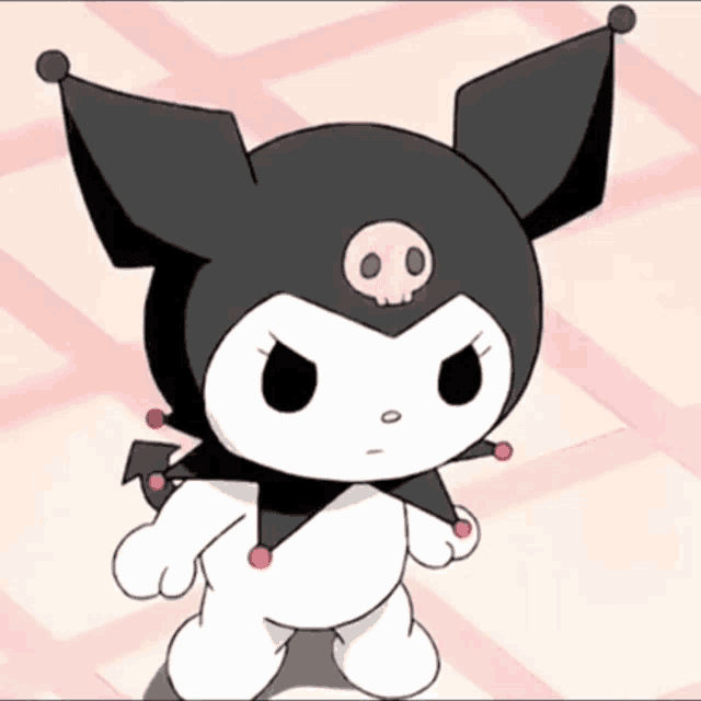 a black and white cartoon character with a pink skull on her head