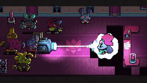 a video game is being played with a purple background and a few characters including a rabbit