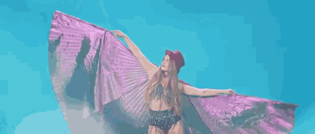 a woman wearing a red hat and a pink cape with wings is standing in the air .