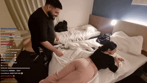 a man standing next to a woman laying on a bed with a bunch of messages including one that says " okay "