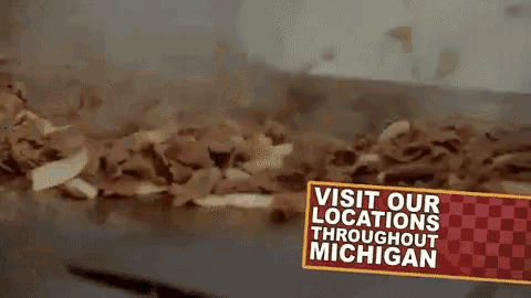 a bunch of food is being cooked on a grill with the words `` visit our locations throughout michigan '' .