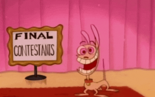 a cartoon dog stands next to a sign that says final contestants