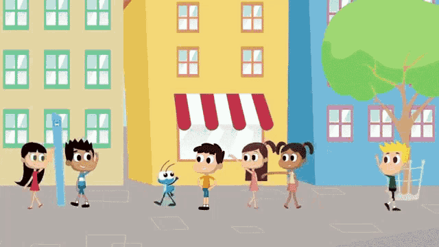 a group of kids are walking down a sidewalk in front of a store