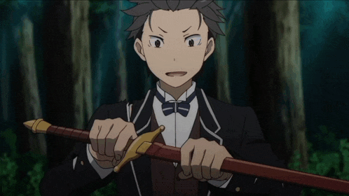 a man in a tuxedo holds a sword in his hands