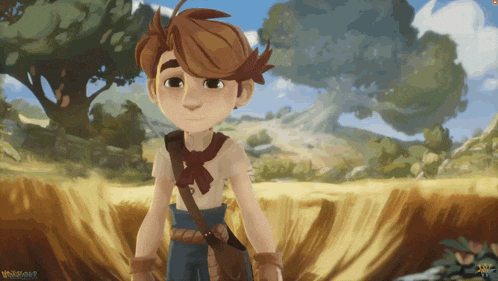 a cartoon of a boy with a scarf around his neck is displayed on the screen of a video game