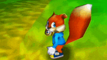 a cartoon squirrel in a blue shirt and blue shoes is walking on a grassy hill .