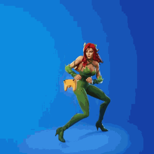 a woman in a poison ivy costume is dancing in front of a blue background .