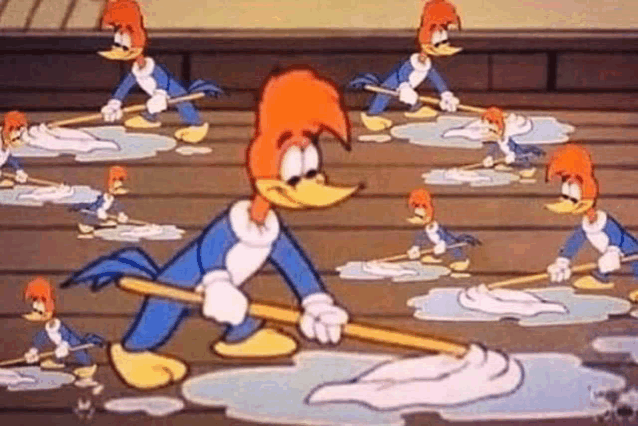 woody woodpecker is cleaning a wooden floor with a mop in a cartoon .