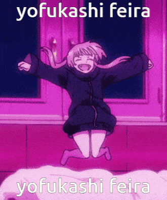a picture of a girl jumping in the air with the words yofukushi feira on the bottom
