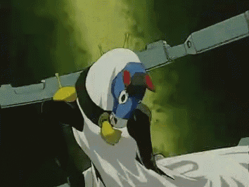 a cartoon penguin with a blue head and yellow wings