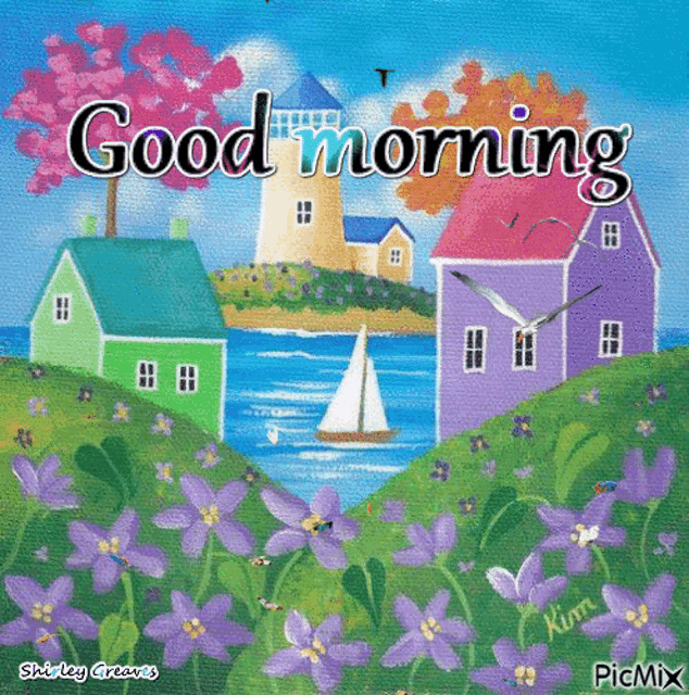 a colorful painting of houses and flowers with the words good morning