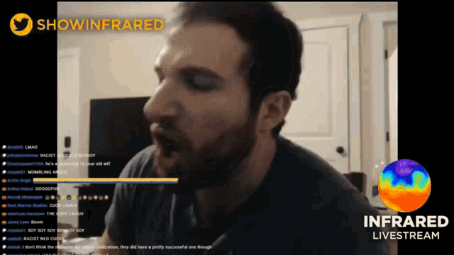 a man with a beard is on a live stream with the words infrared livestream on the bottom