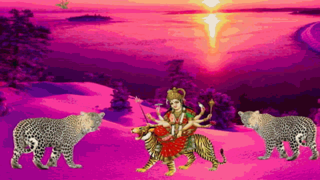 a painting of a woman surrounded by two leopards with a sunset in the background