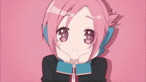 a girl with pink hair and blue eyes holds her hands to her face