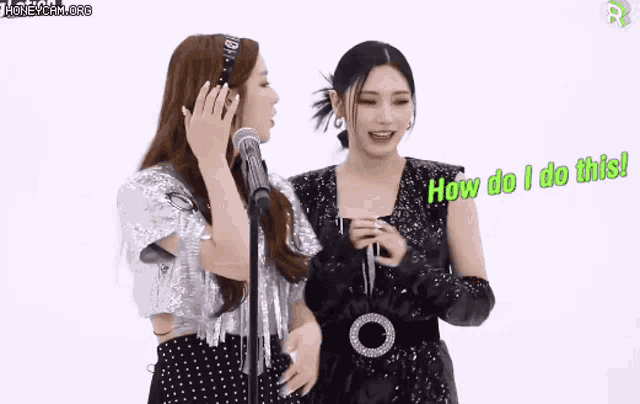 two women are standing next to each other in front of a microphone and one of them is asking the other how do i do this .
