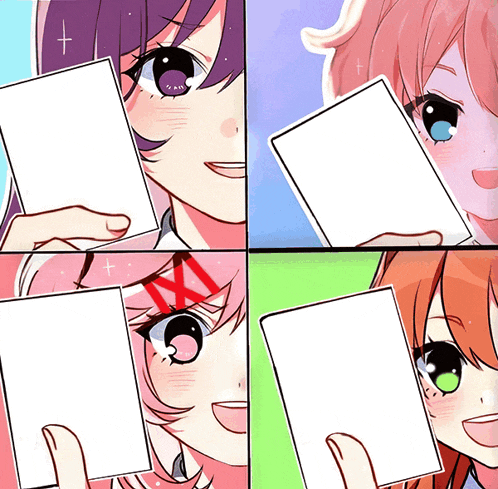 four anime girls are holding cards in their hands and one of them has a cross on her head