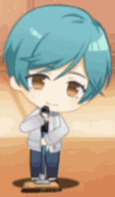 a cartoon character with blue hair is holding a microphone and smiling .
