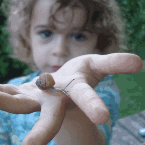a child is holding a small snail in their hand